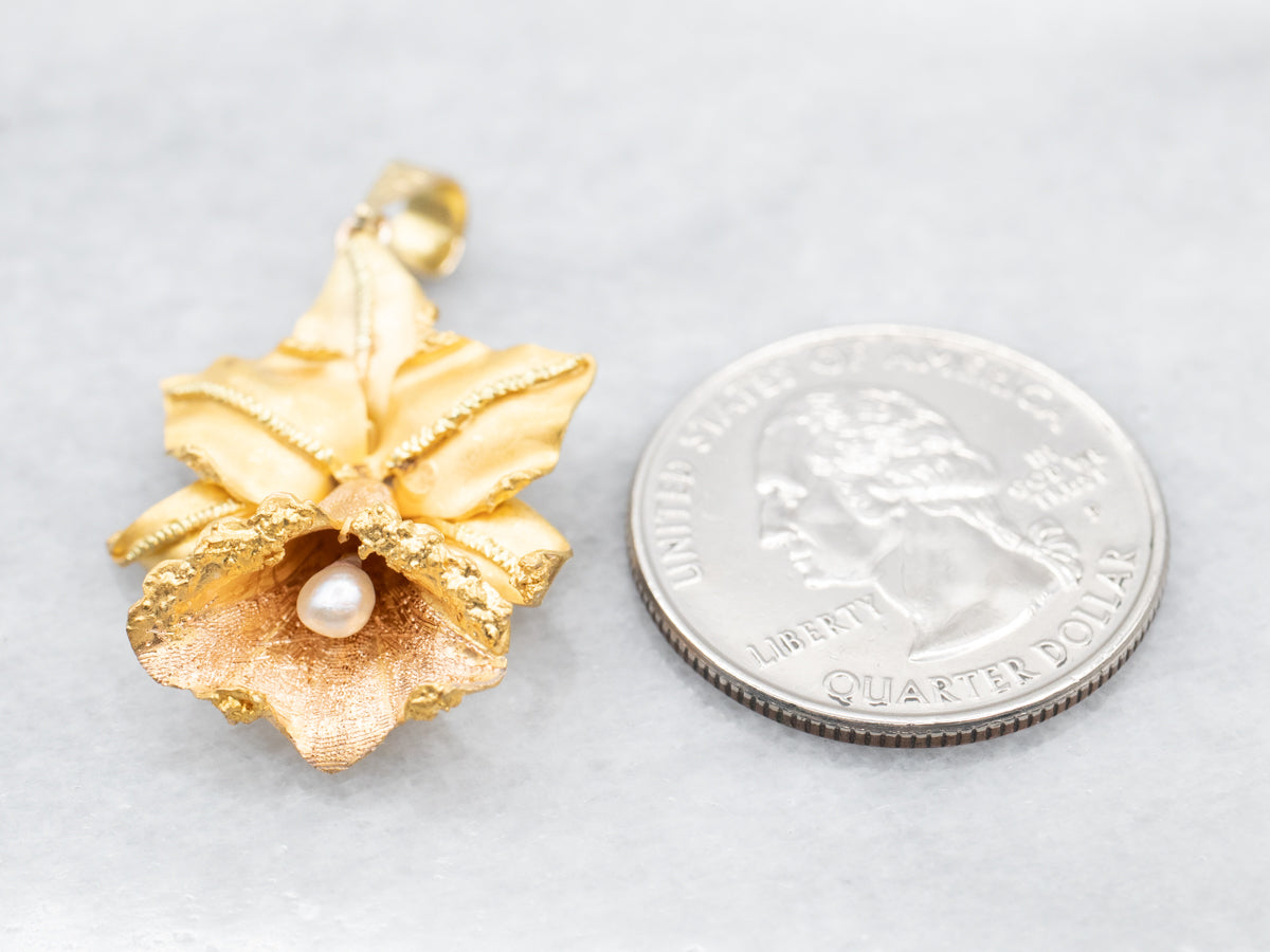Vintage Gold Daffodil Pearl Pendant