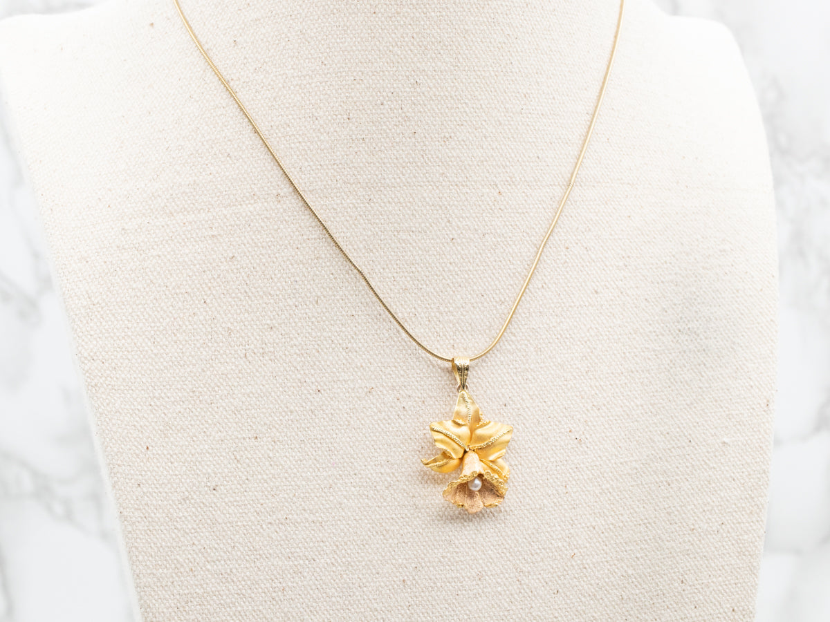 Vintage Gold Daffodil Pearl Pendant