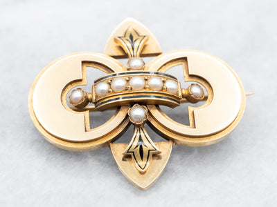 Victorian Gothic Enamel and Seed Pearl Brooch