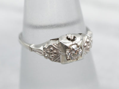 Antique Floral Diamond Solitaire Engagement Ring