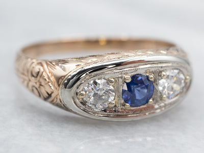 Antique Blue Sapphire and European Cut Diamond Ring