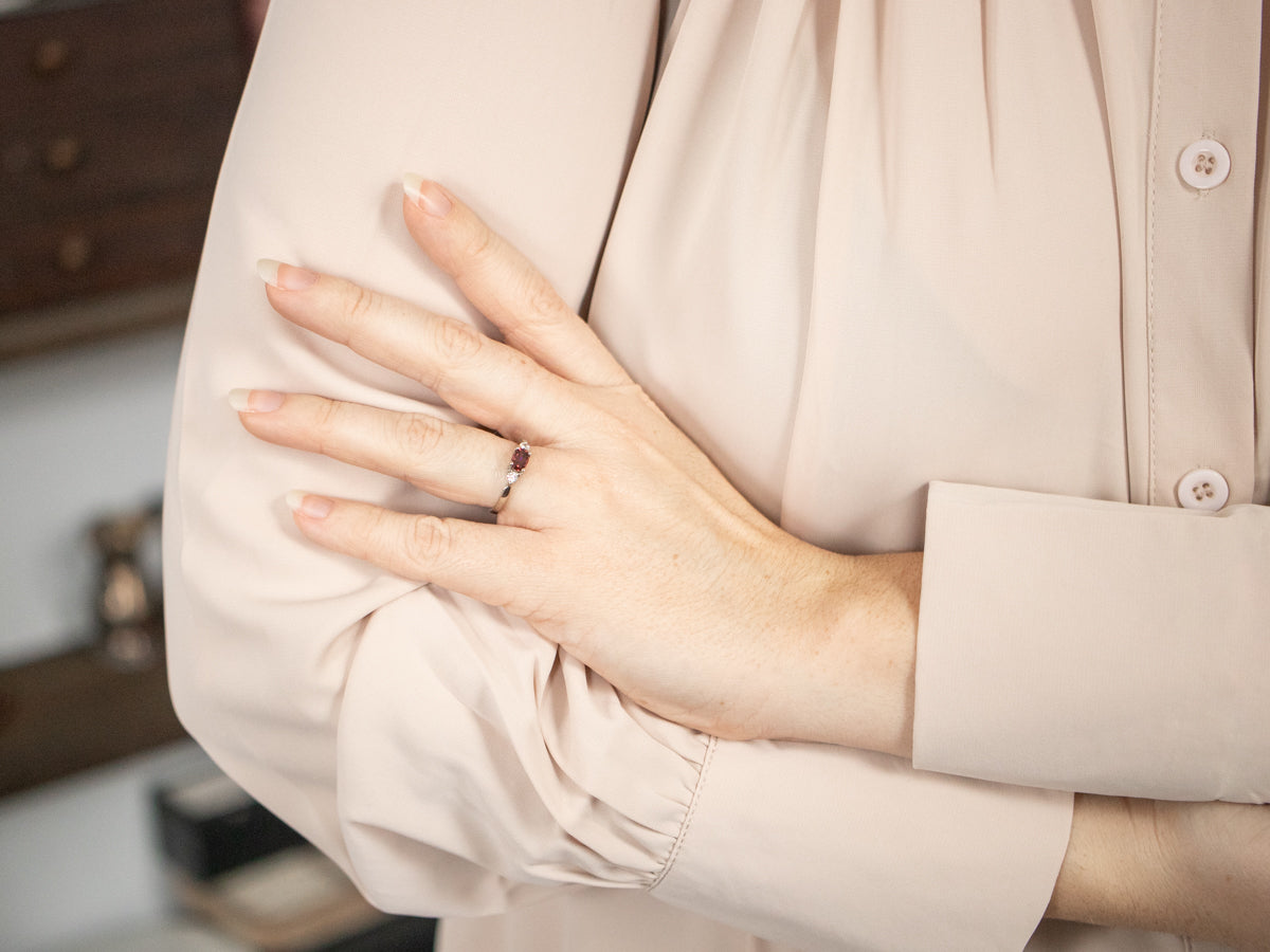 East to West Rhodolite Garnet and Diamond Ring