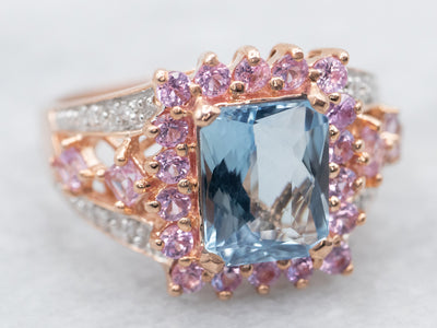 Aquamarine Pink Sapphire and Diamond Statement Ring