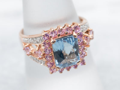 Aquamarine Pink Sapphire and Diamond Statement Ring