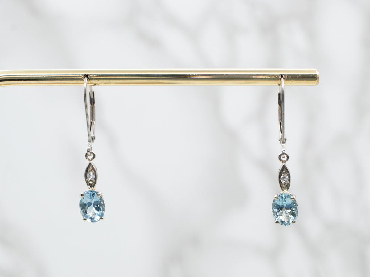Oval Cut Aquamarine and Diamond Drop Earrings