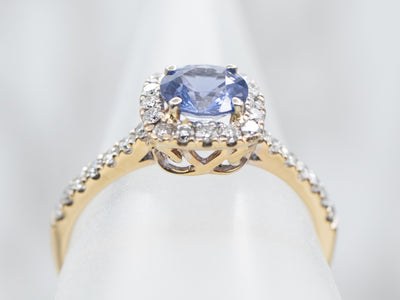 Blue Sapphire and Diamond Halo Ring