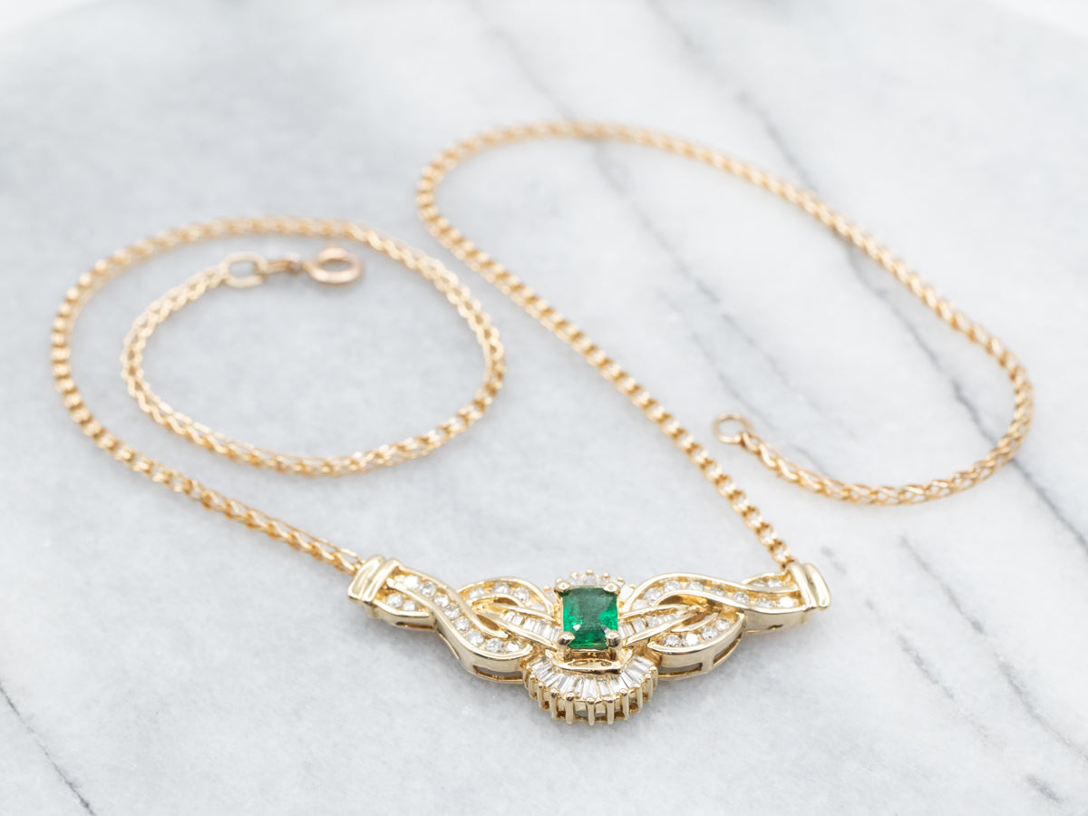 Gold Ornate Emerald and Diamond Encrusted Pendant Necklace