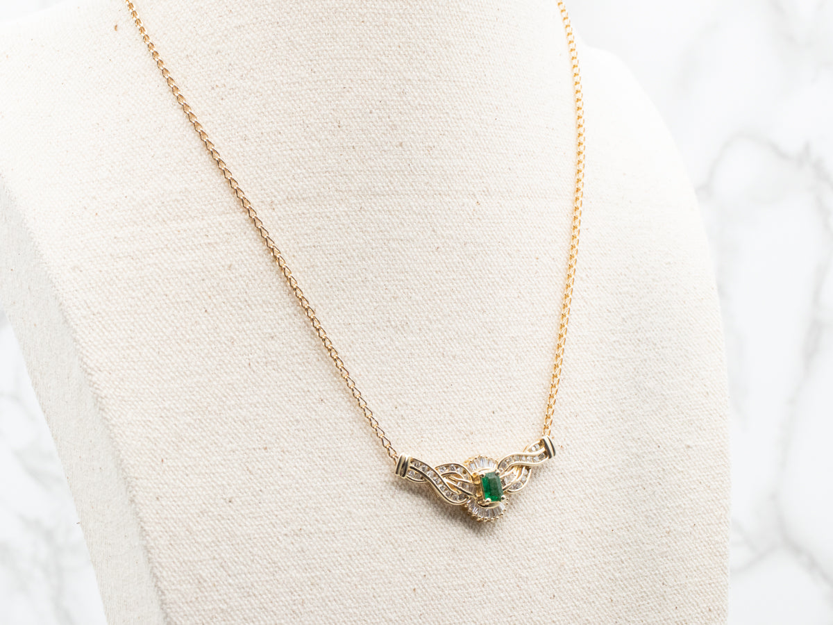 Gold Ornate Emerald and Diamond Encrusted Pendant Necklace