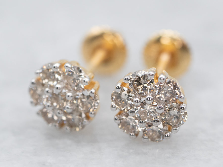 Yellow Gold Diamond Floral Cluster Stud Earrings