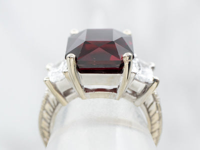 Rich Emerald Cut Garnet with White Sapphires and Diamond Accents