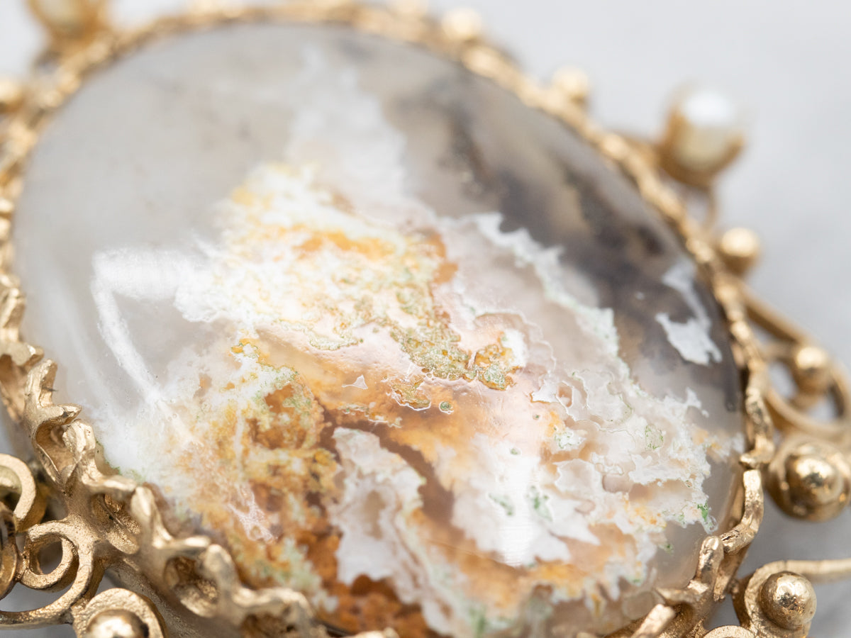 Scrolling Gold Agate and Pearl Brooch or Pendant