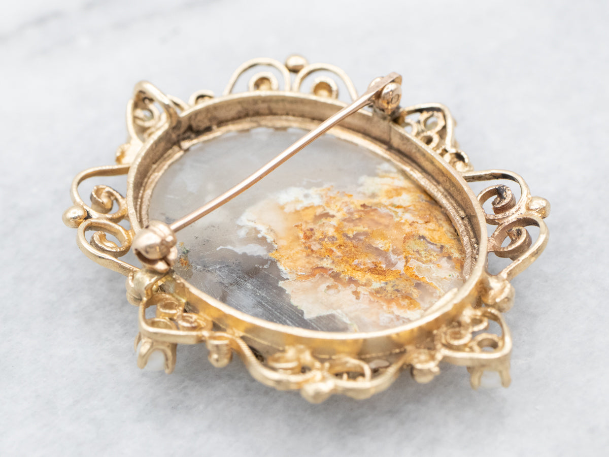 Scrolling Gold Agate and Pearl Brooch or Pendant