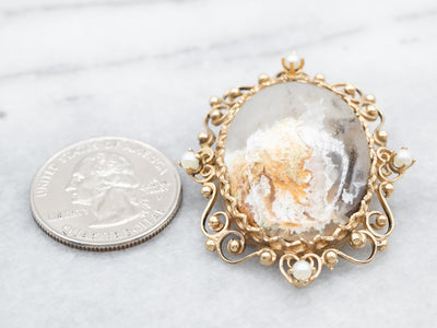 Scrolling Gold Agate and Pearl Brooch or Pendant