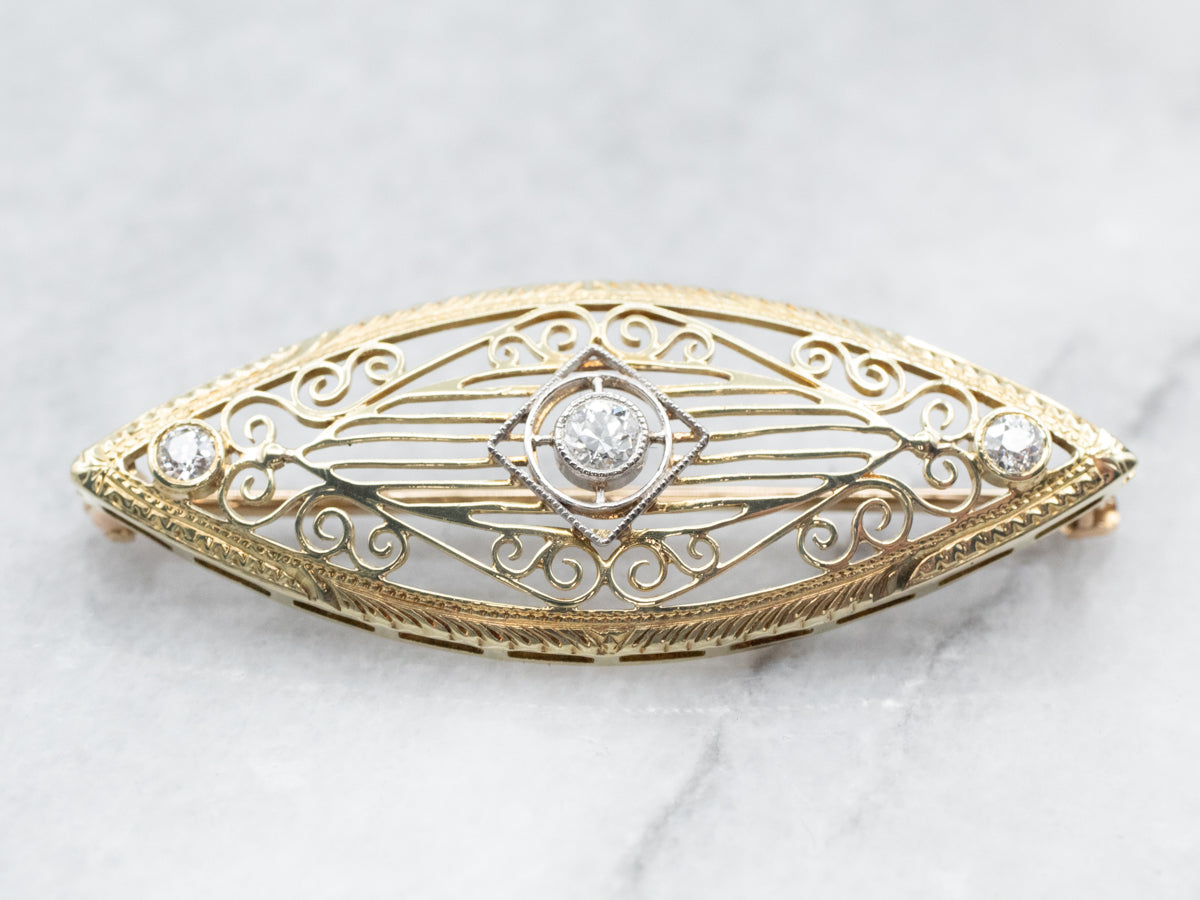 Mixed Metal Vintage Filigree Marquise Diamond Brooch