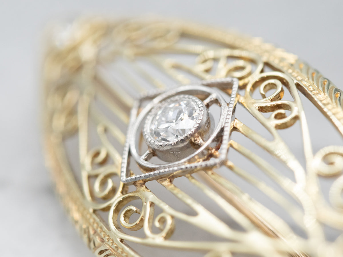 Mixed Metal Vintage Filigree Marquise Diamond Brooch