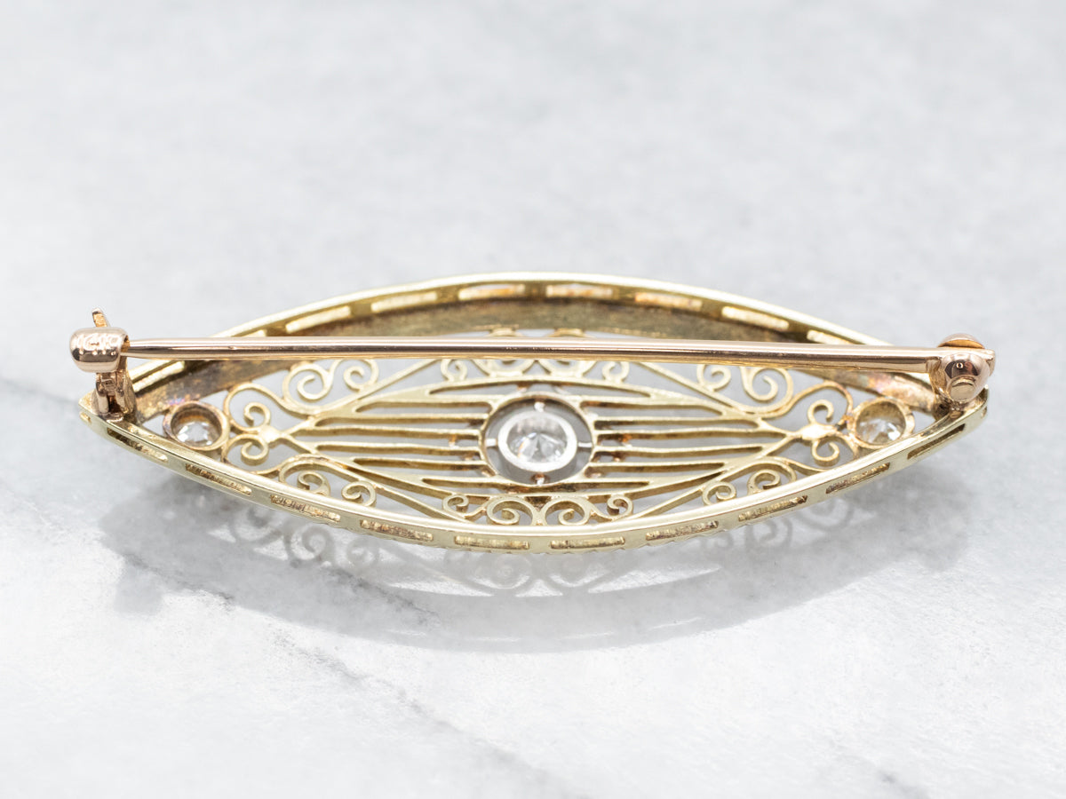 Mixed Metal Vintage Filigree Marquise Diamond Brooch
