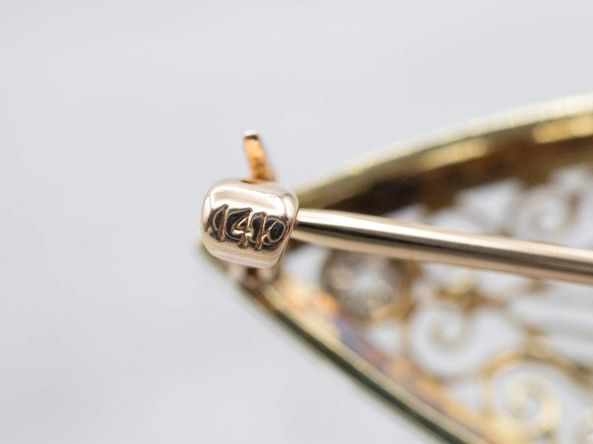 Mixed Metal Vintage Filigree Marquise Diamond Brooch