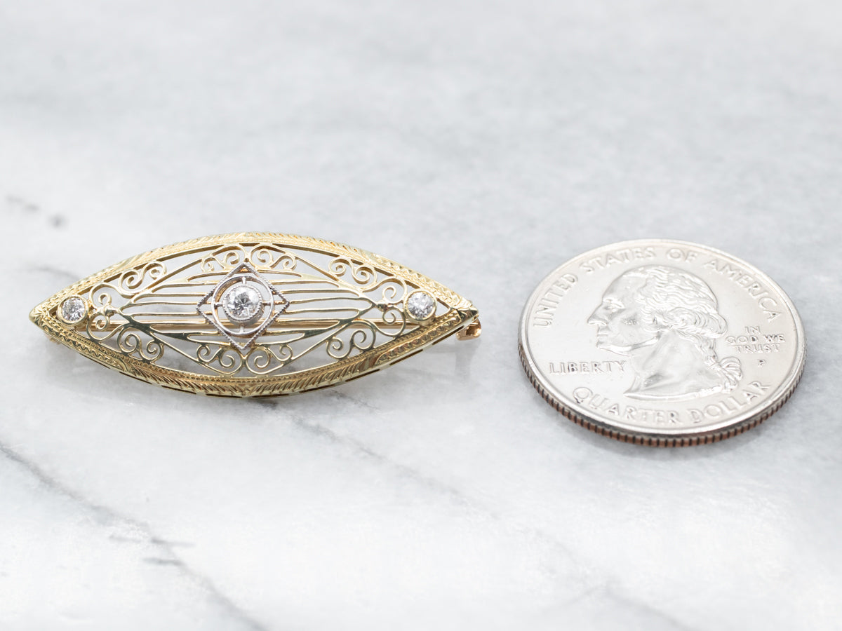 Mixed Metal Vintage Filigree Marquise Diamond Brooch