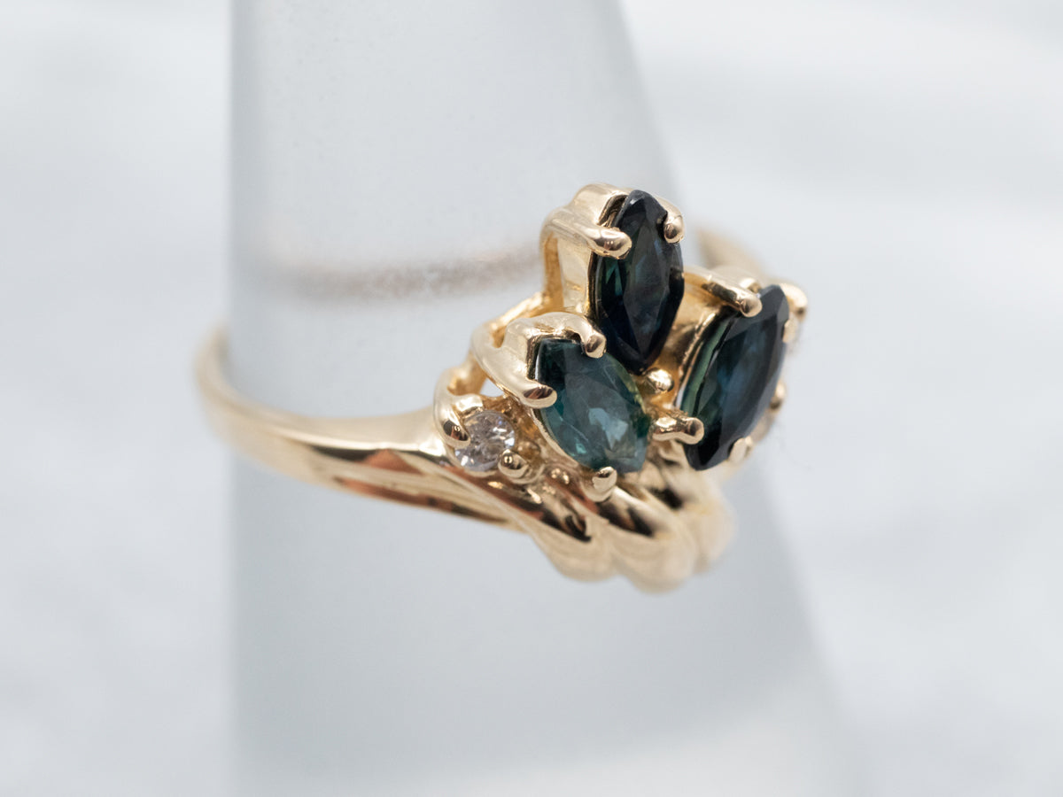 Three Stone Marquise Cut Sapphire and Diamond Cocktail Ring