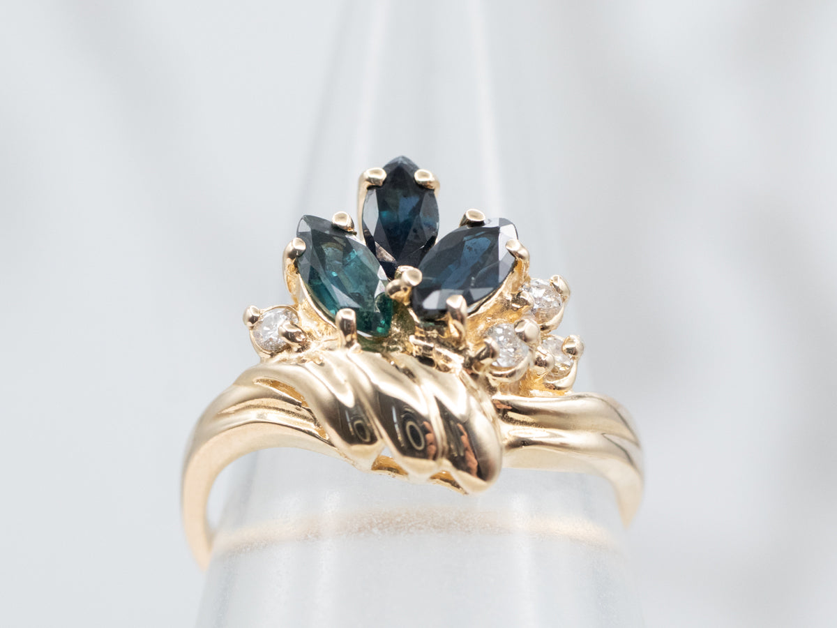 Three Stone Marquise Cut Sapphire and Diamond Cocktail Ring