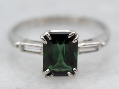 Twinkling Green Tourmaline Baguette-Cut Diamond Ring