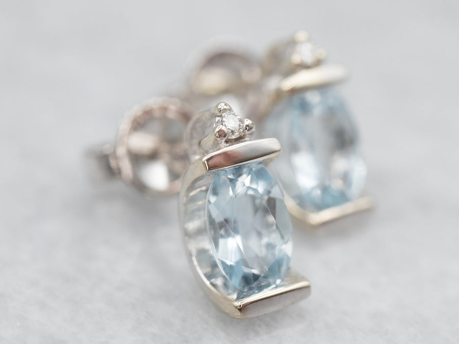 Modern Blue Topaz and Diamond Drop Earrings