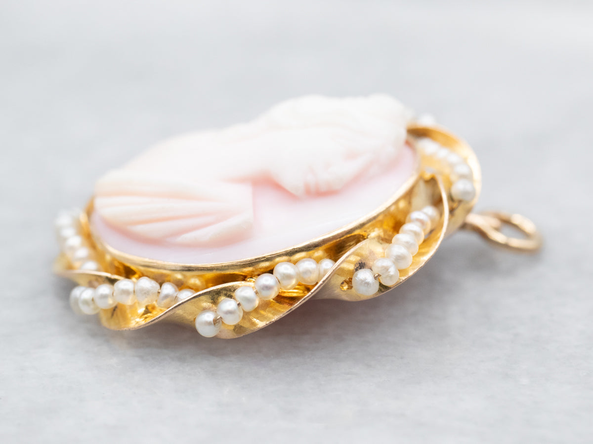 Vintage Pink Cameo Seed Pearl Pendant