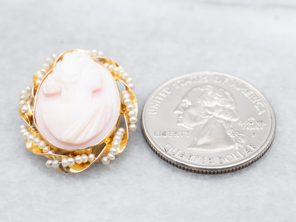 Vintage Pink Cameo Seed Pearl Pendant