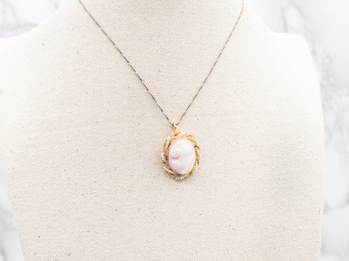 Vintage Pink Cameo Seed Pearl Pendant