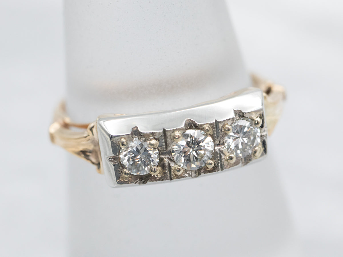 Retro Three Stone Diamond Engagement Ring