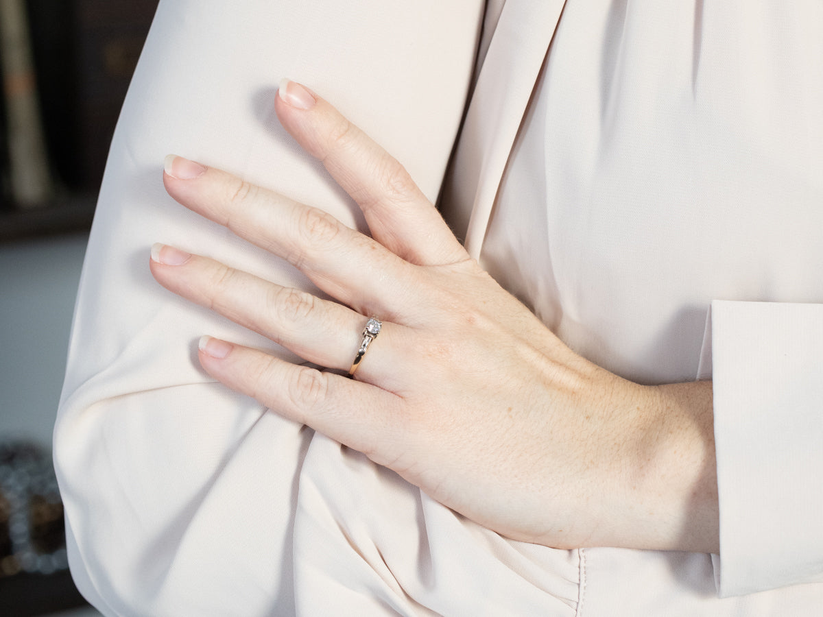 Retro Era Two Tone Gold Diamond Solitaire Engagement Ring