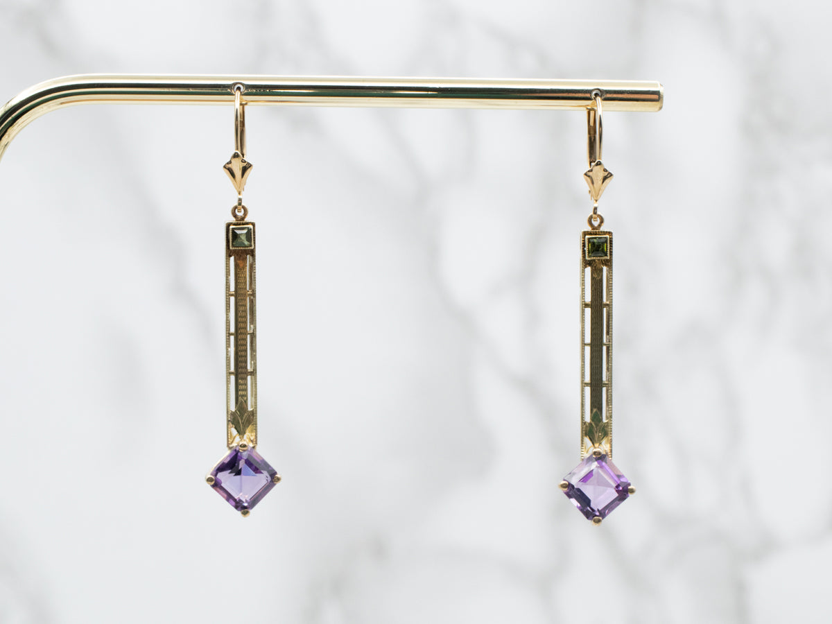 Vintage Amethyst and Green Tourmaline Drop Earrings