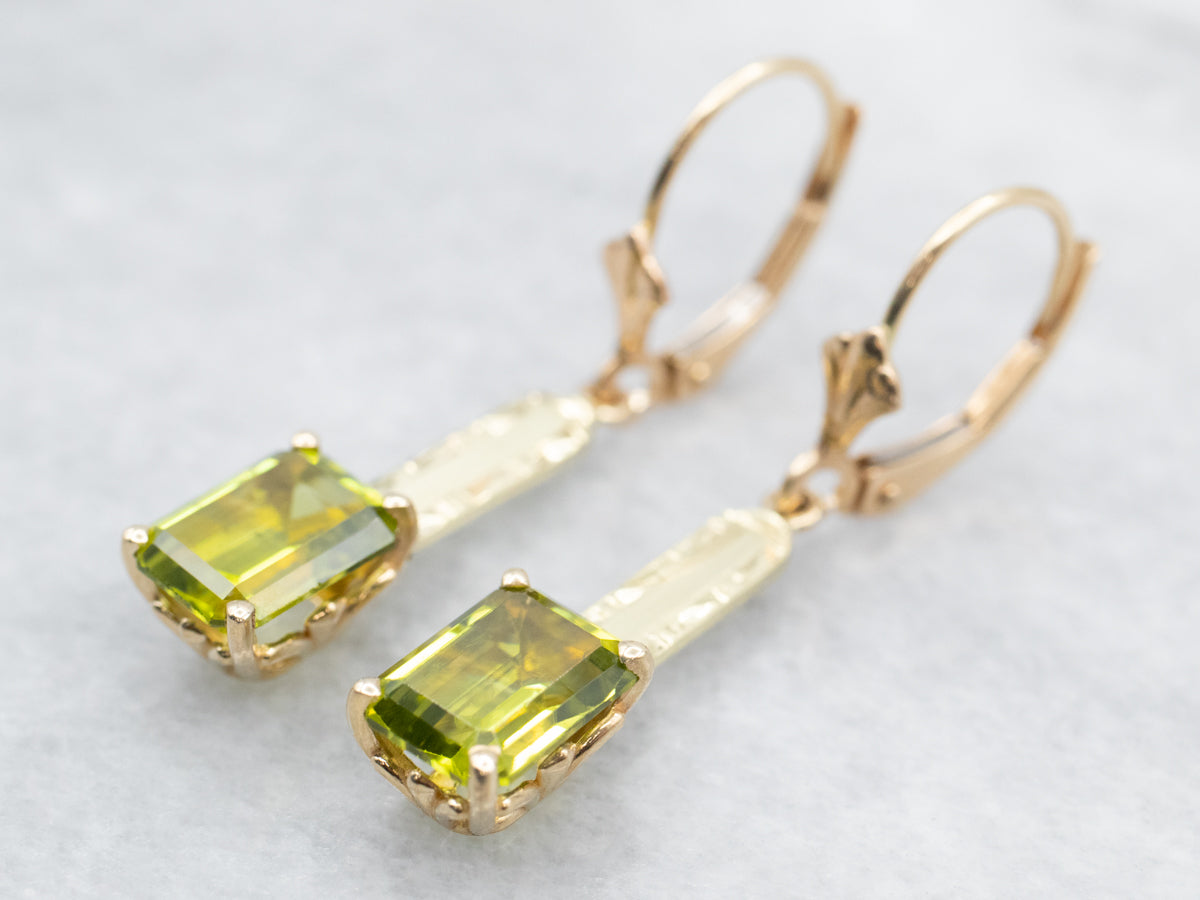 Peridot and Gold Bar Drop Earrings