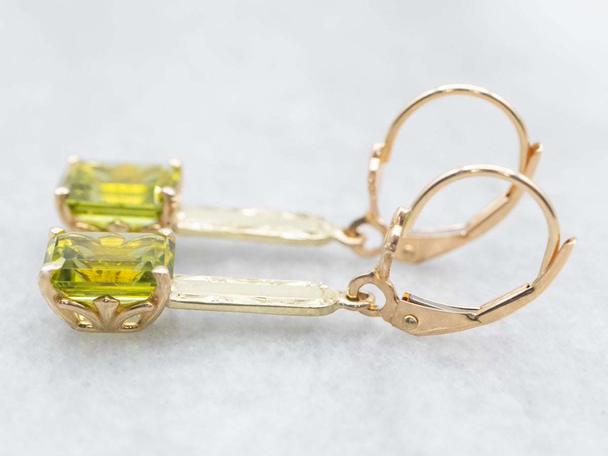 Peridot and Gold Bar Drop Earrings