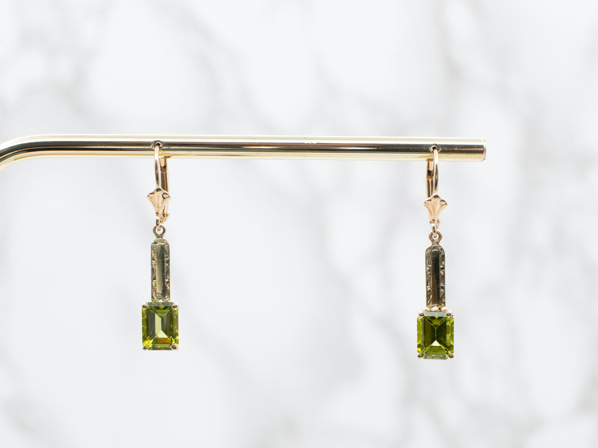 Peridot and Gold Bar Drop Earrings