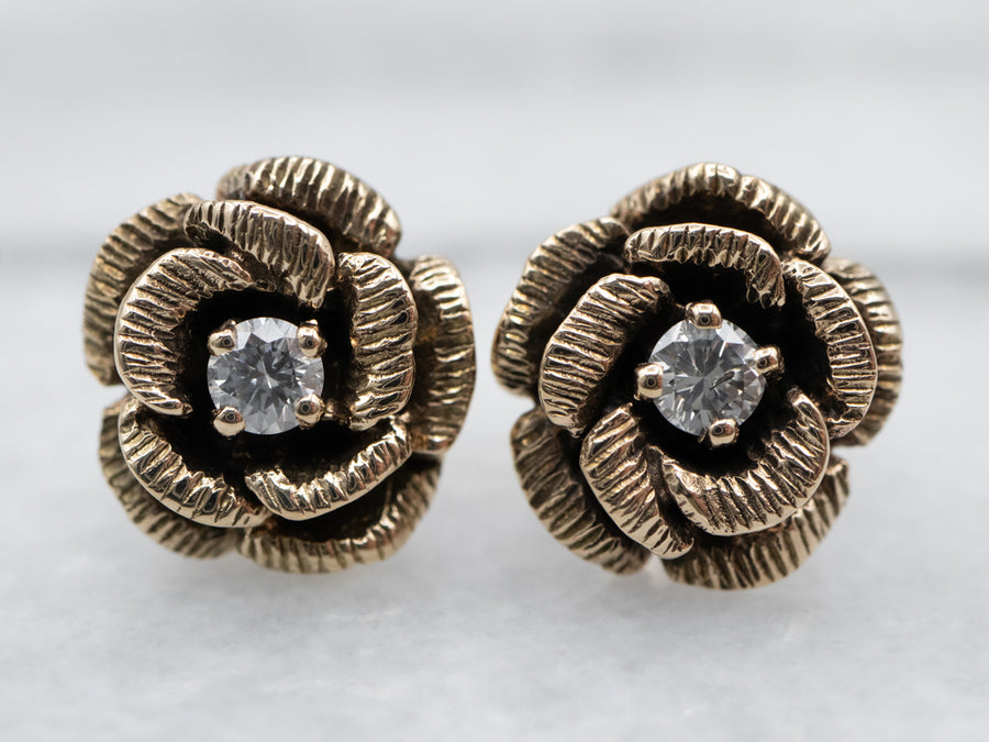 Yellow Gold Etched Flower and Diamond Stud Earrings
