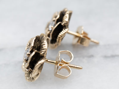 Yellow Gold Etched Flower and Diamond Stud Earrings