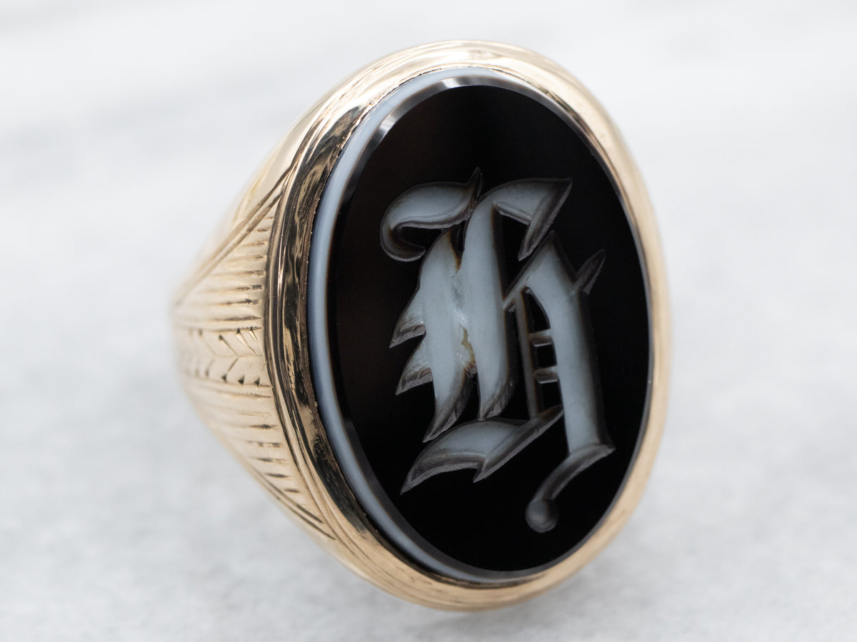 Antique Old English H Monogram Onyx Signet Ring