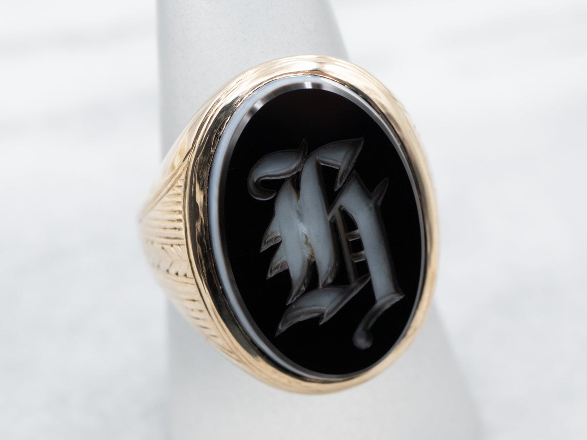 Antique Old English 'H' Monogram Onyx Signet Ring Antique Old English 'H' Monogram Onyx Signet Ring
