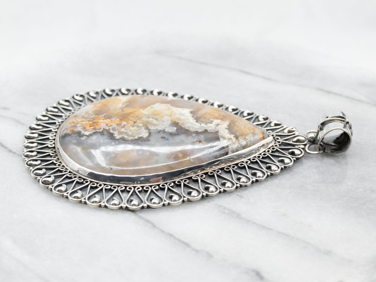 Sterling Silver Oversized Plume Agate Pendant