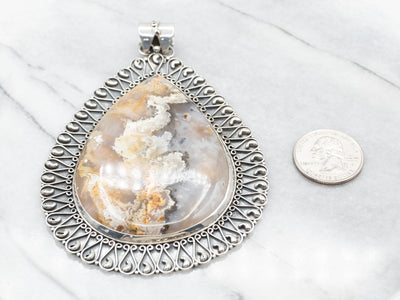Sterling Silver Oversized Plume Agate Pendant