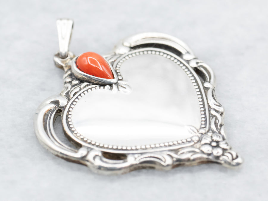 Vintage Towle Coral Sterling Silver Floral Heart Pendant