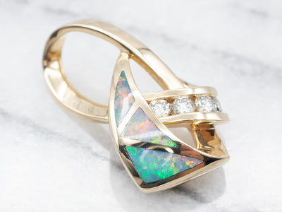 Modernist Diamond and Opal Inlay Pendant