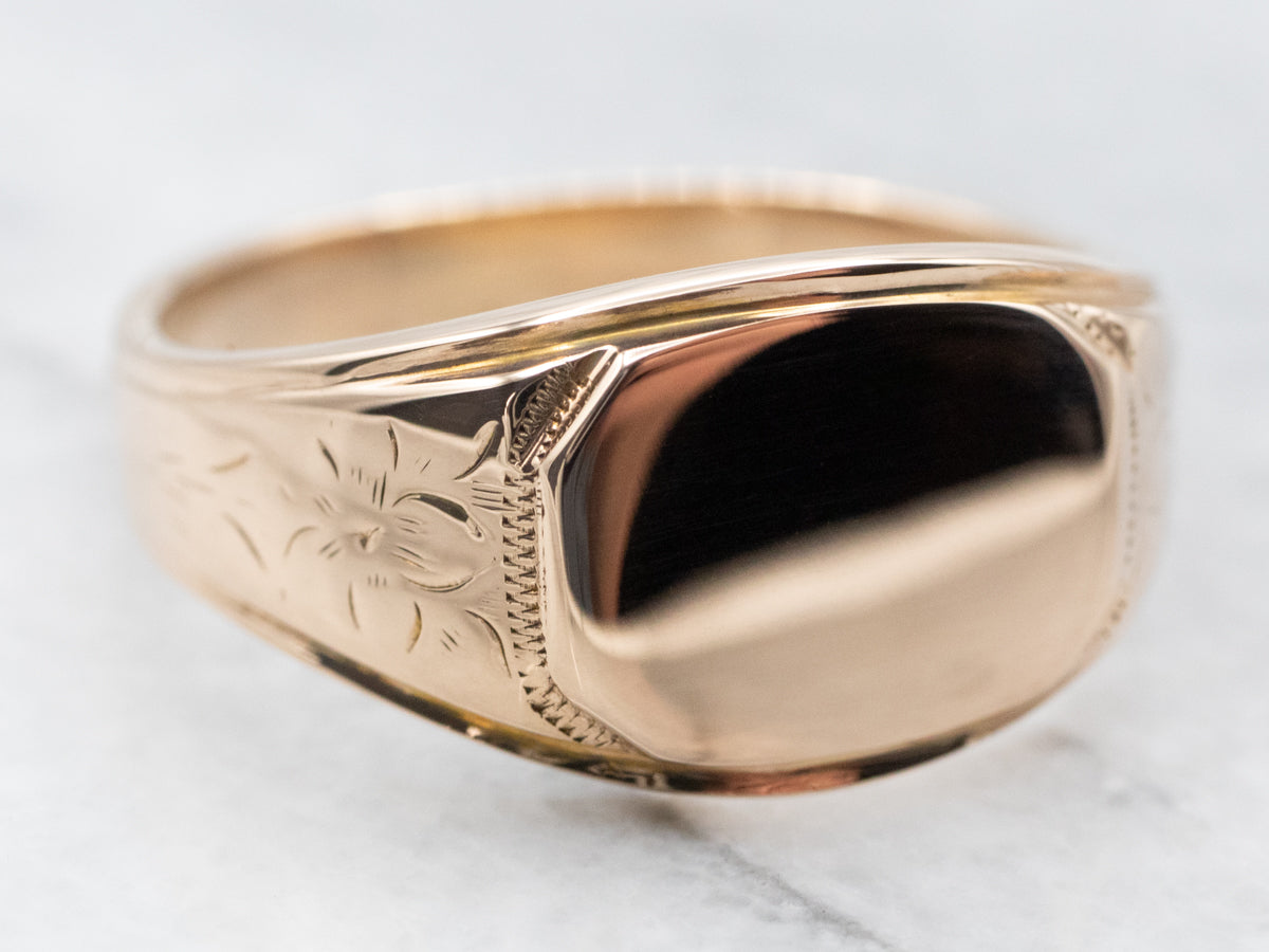 Engraved Gold Floral Signet Ring