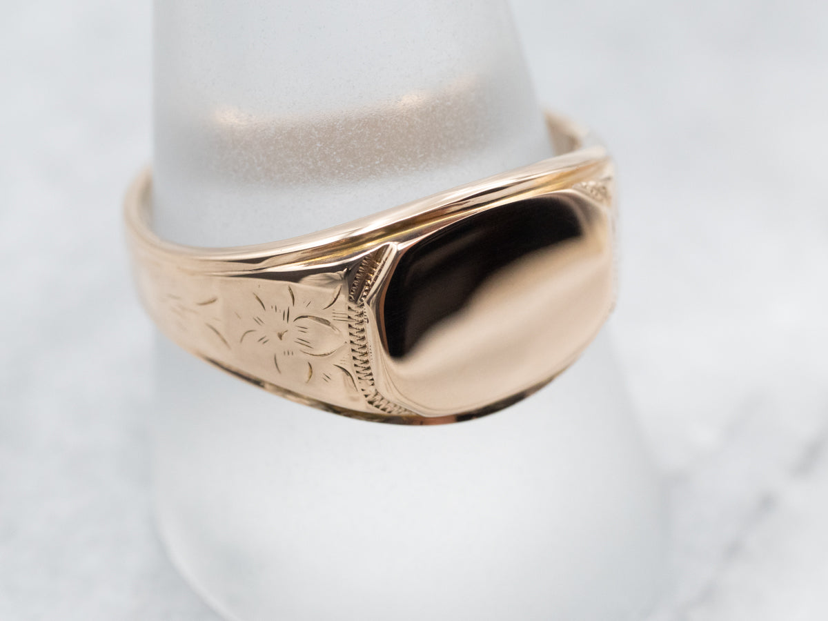 Engraved Gold Floral Signet Ring