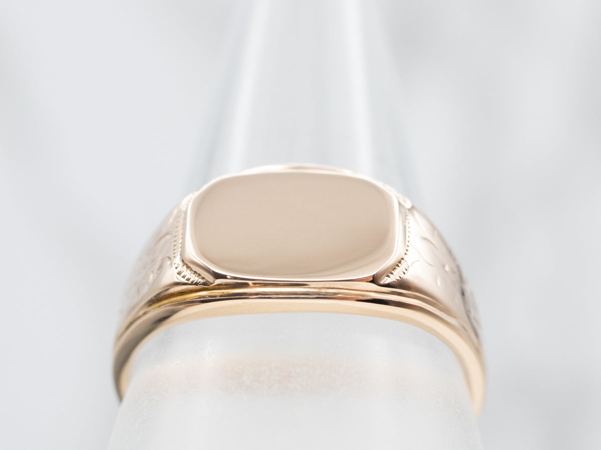 Engraved Gold Floral Signet Ring