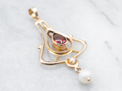 Pyrope Garnet Lavalier Pendant with Swinging Pearls