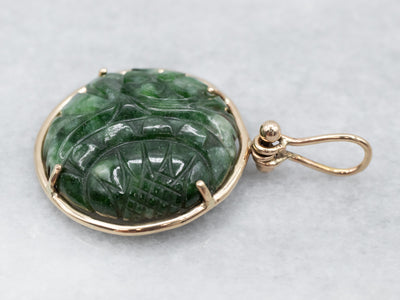 Botanical Carved Jade and Gold Pendant
