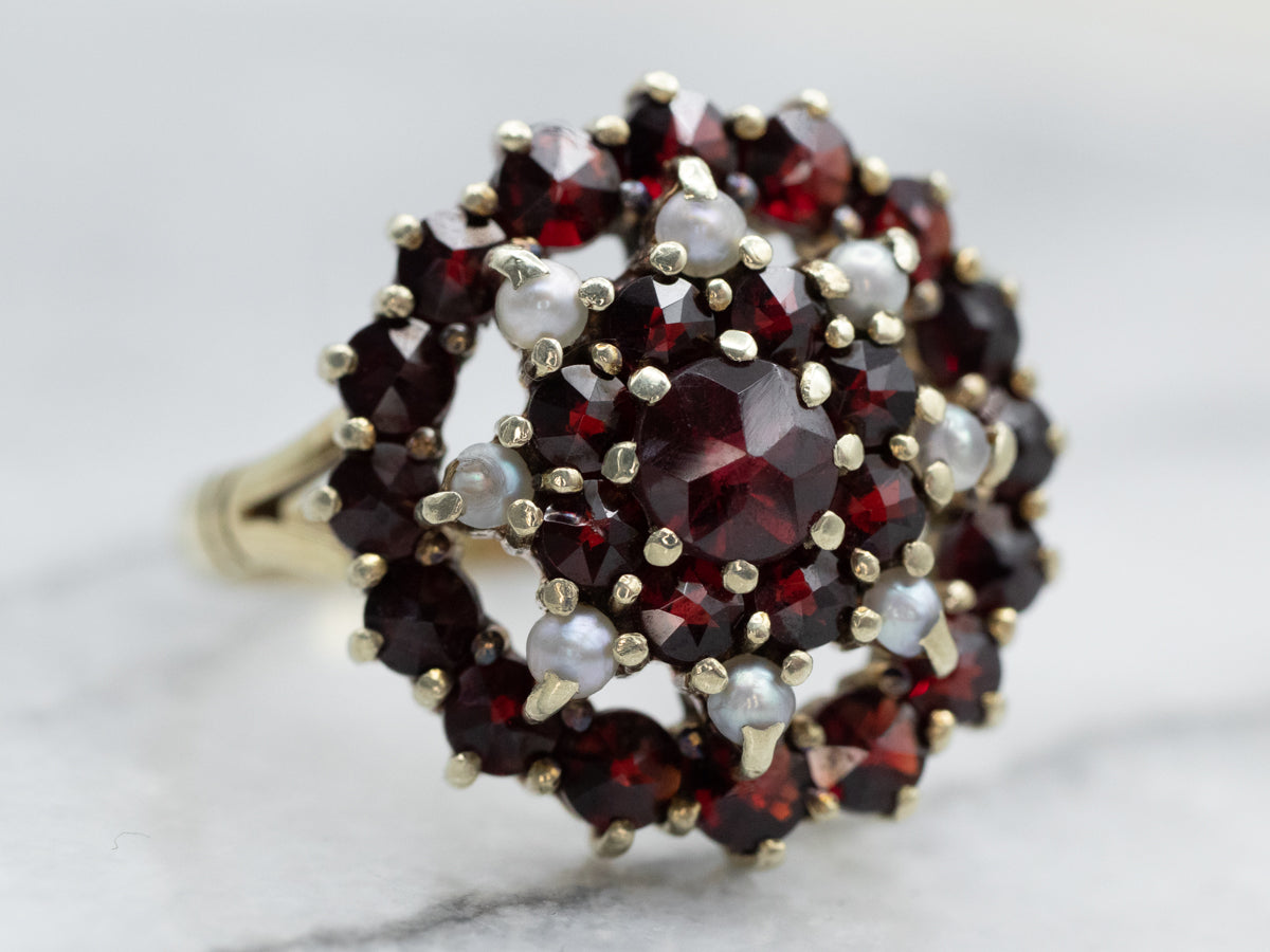 Bohemian Garnet and Seed Pearl Gold Cluster Ring