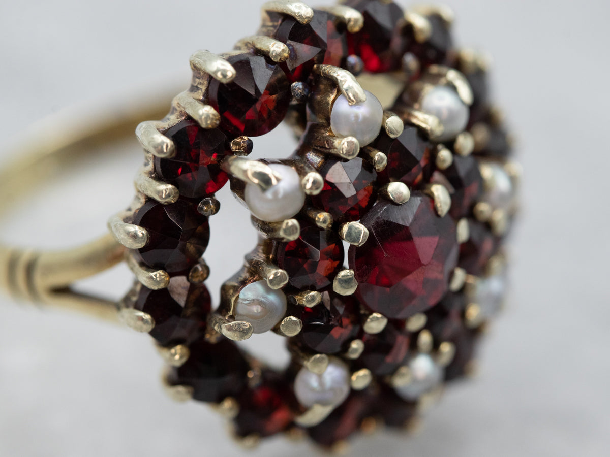 Bohemian Garnet and Seed Pearl Gold Cluster Ring